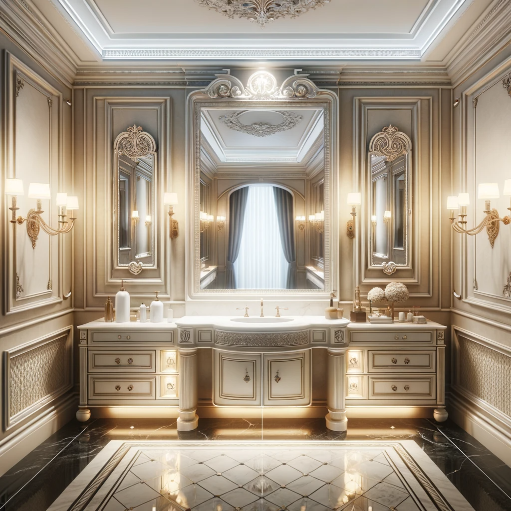 DALL·E 2024 01 15 03.23.41 A high resolution realistic image showcasing a majestic bathroom interior with a large elegant mirror deluxe sink area and premium lighting